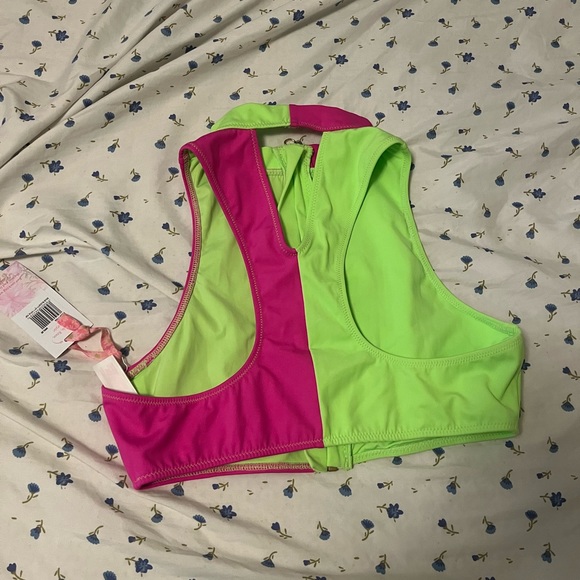 LoveShackFancy x Hurley High Neck Colorblock Bikini Top Lime Magenta - Picture 8 of 9